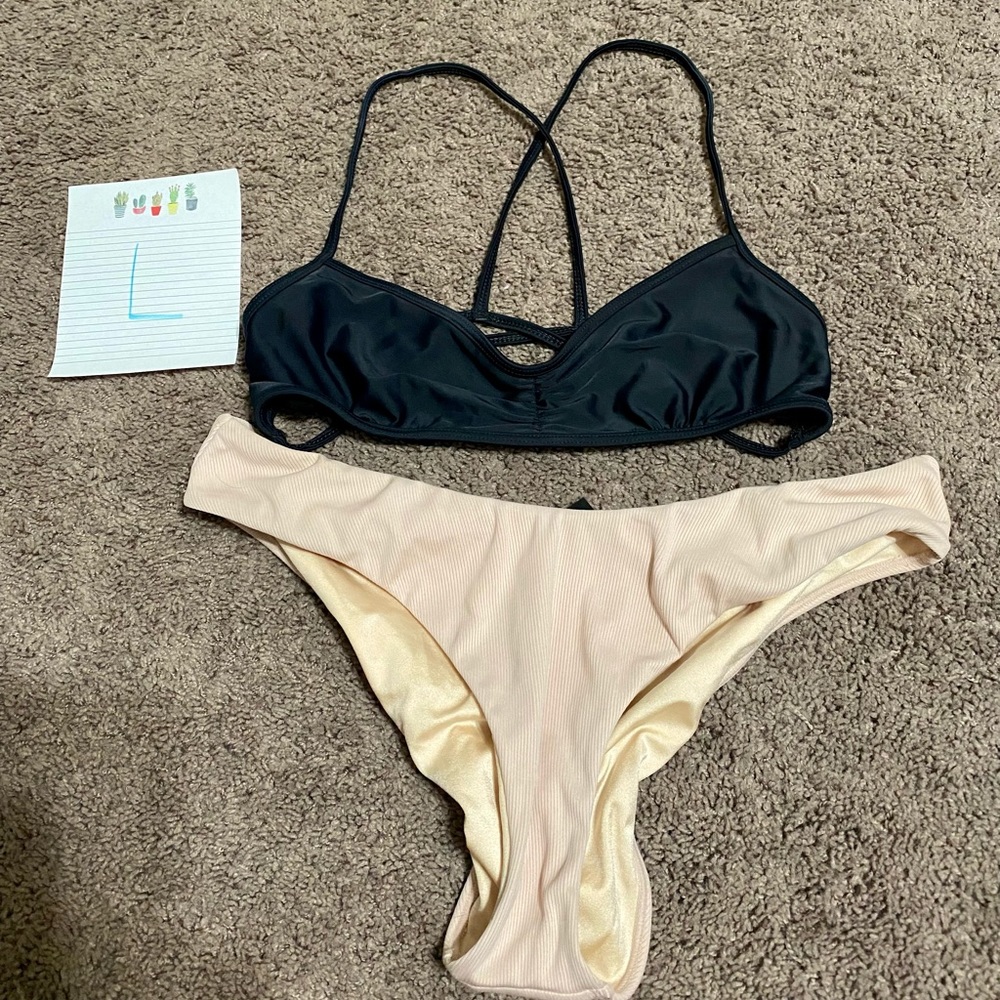 Creme high waist bottoms and strappy black bikini